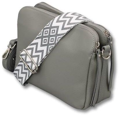 ADEL Umhängetasche Damen Echtes Leder MARA Handgemachte Crossbody Bag 5 Fächer Schultertasche mit Ledergurt + Breitem Gemustertem Riemen Verstellbarer Gurt Made in Italy (Grau)