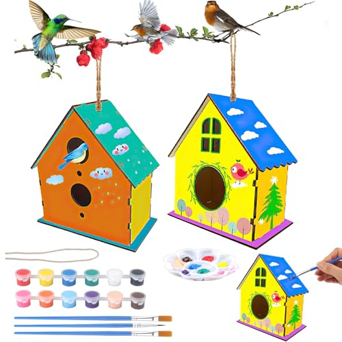 Moosono Vogelhaus Bastelset Kinder, 9 Stück Bastelset Kinder 6 Jahre, Holz Vogelhaus zum Bemalen Set, DIY Vogelhaus Bastelset zu Bauen und Malen, für Schule, Zuhause, Aktivitäten im Freien