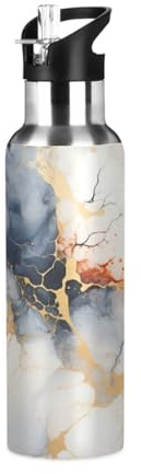 Niigeu Marble Copper Scratches White Water Bottle Insulated Large 1L Stainless Steel Sport Vacuum Flask with Straw Leak Proof for Travel Coffee