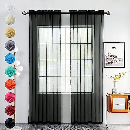 Youleyar 2 Set Sheer Transparente Gardine aus Voile Polyester Stab-Taschenfenster Transparent Vorhänge Wohnzimmer Dekoration für Schlafzimmer W140 X H145 cm Schwarz