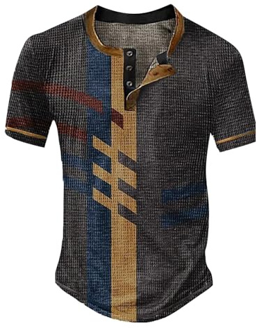 Mens Henley T Shirts Short Sleeve -Waffle, Mens Patchwork T Shirt, Button Down T Shirts for Men Slim Fit Casual Shirts Lapel Collar Shirts Summer Classic Fit Henley Shirt Light Casual Tops