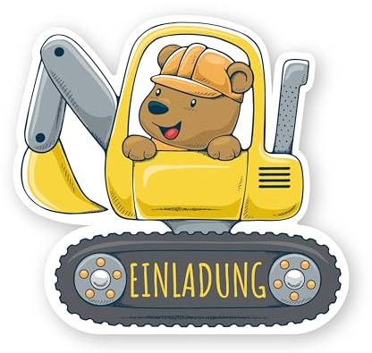 Friendly Fox Bagger Einladung, 12 Einladungskarten Kindergeburtstag Junge, Mini-Bagger Geburtstagseinladungen, Einladungskarten Jungen 10x11cm