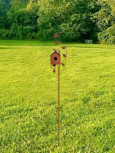 Bird House Stake, Bird Houses for Outside with Pole, Handmade Metal Bird House Garden Stakes, Decorative Garden Birdhouse with Stake, Bird House Stand for Outdoor Patio Backyard Patio Garden Decor