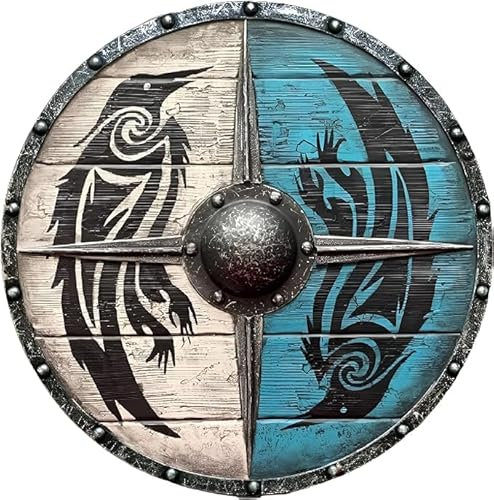 Riylox Handgefertigtes 61 cm großes Holzschild Eivor Valhalla Raven Shield – nordischer Wikinger Wanddekor Sturmschild – Wikingerschwert und Schild, mittelalterliche Kriegsspiele Zubehör