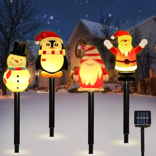 Lewondr 4PCS Weihnachtsdekorationen im Freien, solarbeleuchteter Pinguin mit Gartenpfählen, Wasserdichter Garten-Rasen-Weg mit 8 Beleuchtungsmodi, Hofdekoration für Weihnachtsfeier, Urlaub