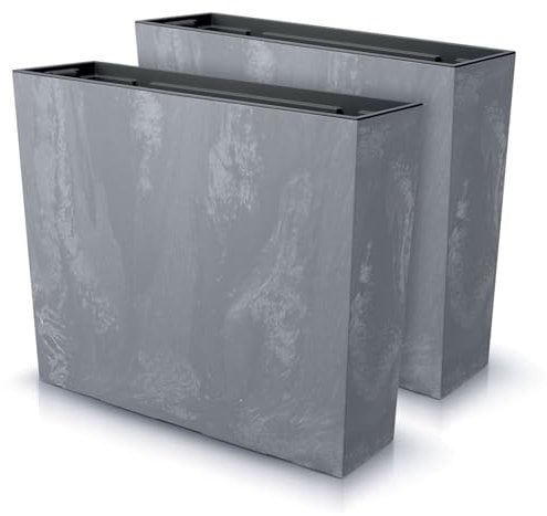 IMJ-Global Juego de 2 macetas rectangulares para flores, plantas Urbi, efecto Beton, de plástico, 58 x 18 x 49,8 cm, para interior y exterior, grises oscuros, 44 litros, diseño moderno