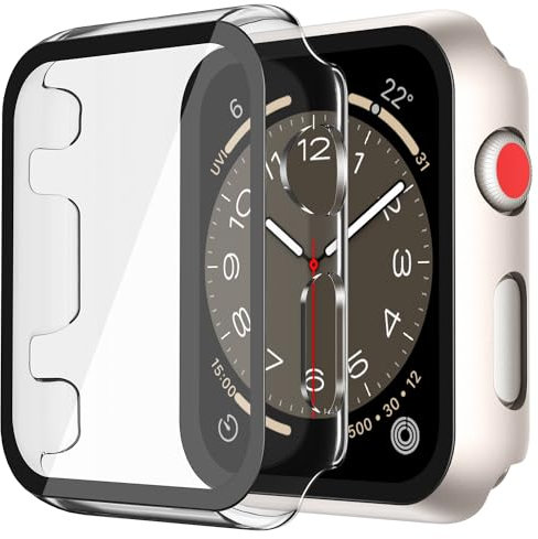 Piuellia Confezione da 2 custodie rigide con pellicola protettiva in vetro temperato HD per Apple Watch Serie 3 Serie 2 38 mm, custodia protettiva antigraffio in policarbonato per iWatch, 1 Starlight