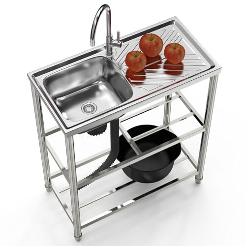 Lavello da Cucina Autoportante Lavello da commerciale Mobile a vasca singola Lavatoio da Giardino Campeggio,Lavandino a Mano con Rubinetto,per Esterni,Cortile