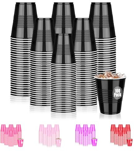Dualshine Paquete de 100 vasos de plástico negro de 12 onzas, vasos desechables para fiestas, vasos de bebida resistentes, vasos de chupito de graduación para boda, cumpleaños, cerveza, servir