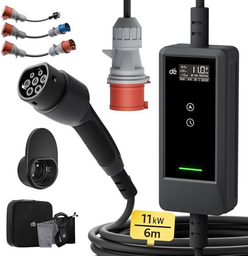 dé Mobile Wallbox/Ladestation 11kW [6m|3-phasig|6-16A] mit Traveller Adapter Set, Ladekabel CEE 16A auf Typ 2 und EV Ladegerät für Model Y/3, ID.3/4/5, MG4, EX30, e-up, e-tron und BEV/PHEV