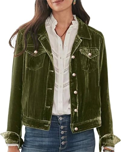 Womens Fall Velvet Cargo Jacket Casual Long Sleeve Button Down Crop Jackets Retro Denim-Style Velour Jackets Cropped Shacket