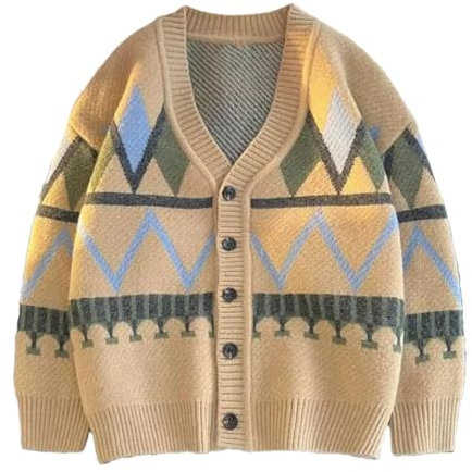 Cardigan classique pour homme style japonais à col en V et panneaux en tricot souple Motif losanges, kaki, M
