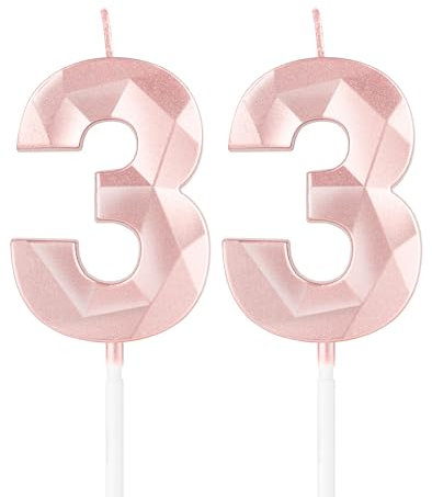 Rose Gold 33 Geburtstag Kerzen, 3D Nummer 33 Kerze für Kuchen, Frauen 33 Geburtstag Dekorationen, Roségold 33 Kerze Kuchen Topper für Mädchen Frauen Haar ihn Geburtstagsfeier Hochzeit