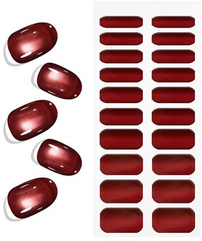 Cat Eyes Red Gel Nail Strips, KALEFUL Semi Cured Gel Nail Stickers Nail Art Decoration Design Supplies