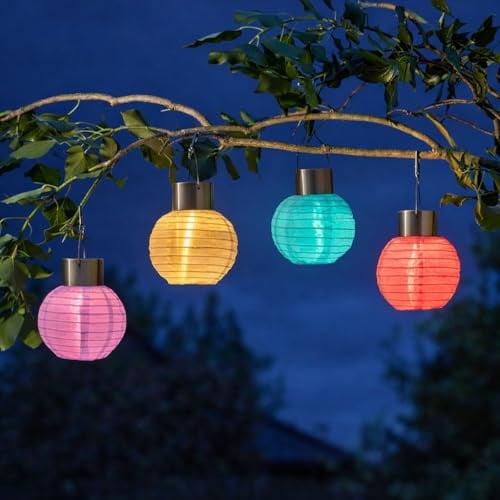 Festive Lights - 4 Stück Solar Garten Chinesische Laterne - 11 cm Höhe, mehrfarbige Nylon, warmweiße LED, IP44 bewertet, Außenhängeleuchte für Bäume & Sträucher - Integriertes wiederaufladbares Panel