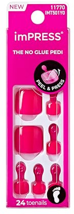 KISS Impress No Glue Mani 30 Pcs Press on Toenails, Hot Pink Stick on Extension False Nails for Toes, Peel & Press Easy Apply, Hassle-Free Removal, Includes Manicure Stick, Prep Pad & File