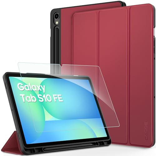CACOE Hülle für Samsung Galaxy Tab S10 Lite 10.9 2025/ S10 FE 10.9 2025/ S9 FE 10.9 /S9 11 Zoll mit Schutzfolie - Ultra Dünn mit S Pen Halter PU Leder, Rotwein