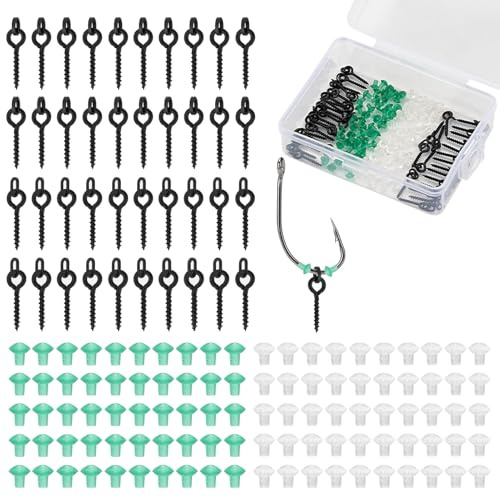 Frdhee Angelhaken Set, 140 Stück - Screw Köder und Hakenstopper, Schwarz, Nadelspitze, Kunststoff, 40 x Schraubenköder, 100 x Hakenstopper