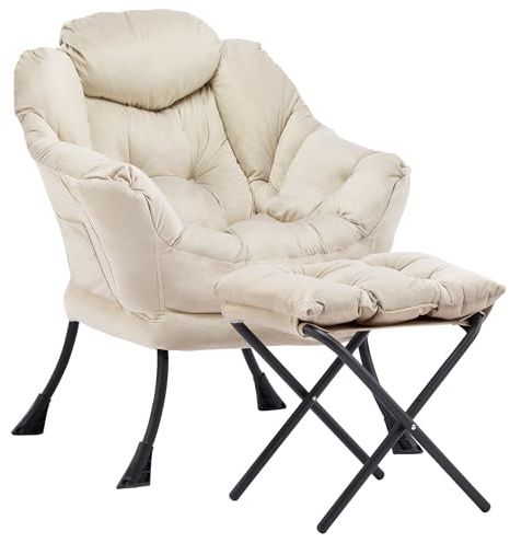 Aunekiv Sessel mit Hocker, Bequemer Ohrensessel und Armlehnensessel, Lesesessel mit Seitentasche, Moderner Relaxsessel für Wohnzimmer, Schlafzimmer und kleine Räume,Beige