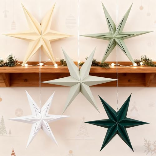 Sage Green Paper Star Lanterns Hanging Stars Christmas Party Decorations Hanging Lampshade 5PCS 6-Pointed 3D Paper Star Christmas Wedding Birthday Holiday Xmas Ceiling Home Party Decorations(12 Inch)