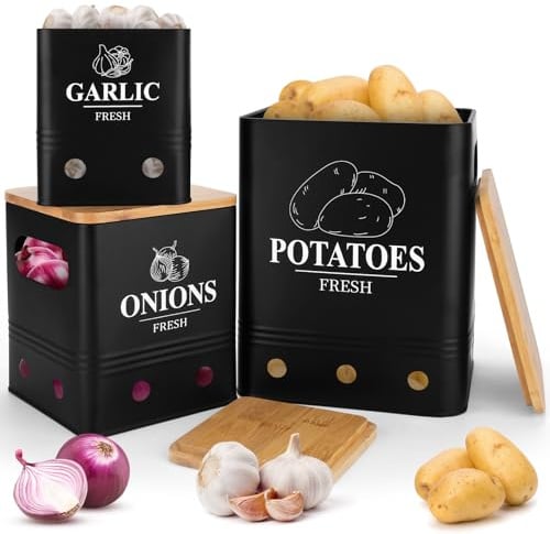TAVADA Kartoffel Aufbewahrungsbox,Praktisches 3er-Set:aufbewahrung kartoffeln zwiebeln knoblauch mit Bambusdeckel – Schwarz,stapelbar,Frischhalte-Belüftung,ideal für Küche & Vorratsraum