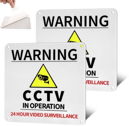 Aluminium CCTV in Operation Sign,Pre-drilled&Self-Adhesive CCTV Sign | 2 Pack 15 x 15cm Waterproof UV-Resistant Camera Signs Outdoor for Home, Office, Store, Warehouse