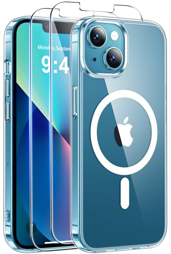 Qasyfanc Magnetic for iPhone 13 iPhone 14 Case with 2 Tempered Glass Screen Protector, Compatible with MagSafe, [Anti-Yellowing] Shockproof Protection Phone Case， Clear
