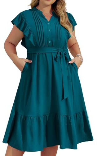 Hanna Nikole Women's V-Neck Button Front Midi Dress Plus Size Ruffle Sleeve Casual Dress for Women Solid Color Cute A-Line Dress with Belt Peacock Blue