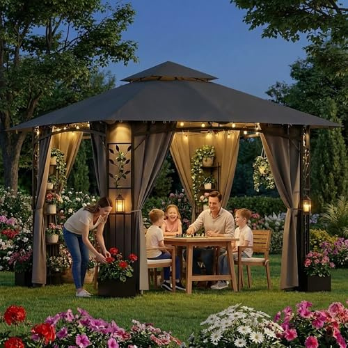 Devoko pavillon 3x3 wasserdicht stabil Winterfest (3,3x3,3 m), UV 50+ | Eisen Gartenpavillon mit 4 Pflanzkübeln Rankhilfe Kletterpflanzen und Seitenvorhängen, Pflanzbar und stabil, Doppeltem Dach