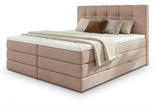 Sofnet Boxspringbett Best XL mit 2 Bettkästen und Topper, mit Taschenfederkern- und Bonellfederkernmatratze, Doppelbett, Polsterbett aus Webstoff mit Stauraum (Pink (Inari 52), 140 x 200 cm)