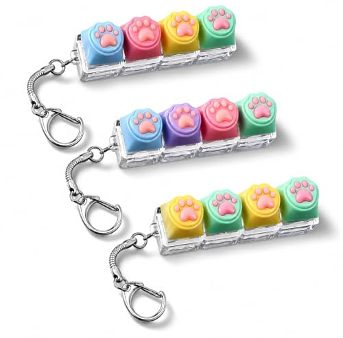 Sukizifa 3 Tastatur Klicker Schlüsselanhänger mit Katzenpfoten | 3er Set ohne Licht, 4 klickbare Tasten je Anhänger, Katzenpfoten-Design, Metallring für Schlüssel, Büro und Reise
