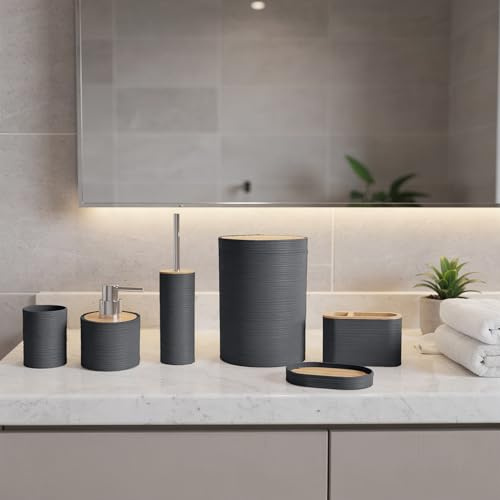 GC GAVENO CAVAILIA Bathroom Accessories Sets Complete - 15PC Rubbish Bin Lid Toilet Brush Holder Soap Lotion Dispenser Pump Container Toothbrush Tumbler Cup Dish Plate Base, Bathroom Decor, Charcoal