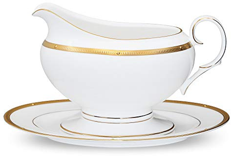 Noritake Rochelle Gold 2-Piece Gravy Boat with Tray, 16-Ounce