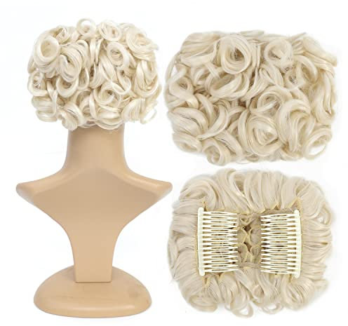 SWACC Short Messy Curly Dish Hair Bun Extension Easy Stretch hair Combs Clip in Ponytail Extension Scrunchie Chignon Tray Ponytail Hairpieces (Platinum Blonde-60#)