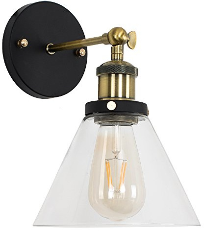 MiniSun | Industrial Steampunk Black and Gold Wall Light Fitting with a Clear Glass Conical Shaped Light Shade | Wall Lamps & Sconces, Home Décor & Improvement Essential | Mains Wired