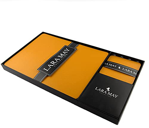 Sets of 8 Mustard Yellow Recycled Leather Placemats (28cm x 21cm) and 8 Recycled Leather Coasters. Made in The UK by Lara-May.