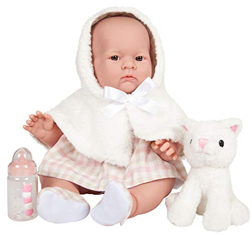 JC TOYS, Lily Puppe mit Gummikörper, rosa/weißes Kleid mit Kapuze, Haustier und Zubehör, Mädchen