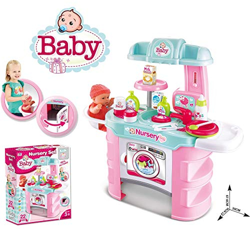 Puppen Pflegecenter für Spielzeugpuppen max 43 cm mit Waschbecken,Waschmaschine, Tischsitz, Thermometer und viel Zubehör - komplettes Spielset ohne Puppe