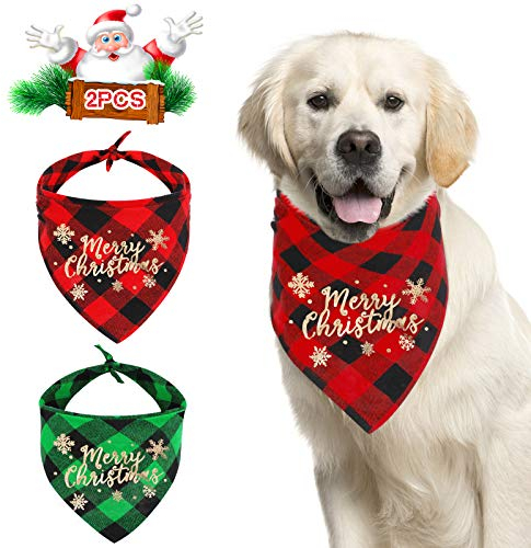 QKURT 2er Pack Weihnachtshund Bandanas, Frohe Weihnachten Muster Hund Schal Dreieck Lätzchen Halstuch Set für Haustier Weihnachten Kostüm Dekoration Zubehör