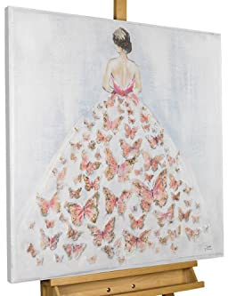 KunstLoft Leinwandbild | 100% HANDGEMALT | 80x80cm | Gemälde 'Schmetterlingsball' | Frau | Rosa Grau | Wandbild Wohnzimmer