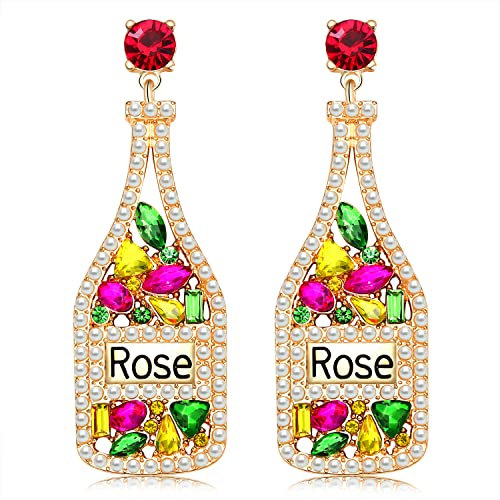 Beaded Champagne Bottle Drop Dangle Earrings Rhinestone Crystal Pearl Bead Champagne Bottle Earrings Fun Holiday Champagne Bottle Earrings for Women Girls Beaded Earrings Gift, Metal, No Gemstone