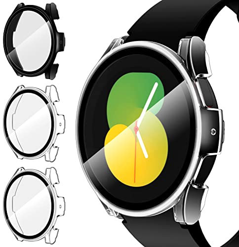 iVoler 3 Piezas Funda para Samsung Galaxy Watch 5/4 / FE 40mm, Protección Completa Protector de Pantalla de Cristal Vidrio Templado Duro PC Anti-arañazos Carcasa, 2 Transparente + 1 Negro