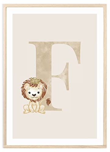 MeinBaby123® Buchstaben Poster DIN A4 Kinderzimmer Mädchen und Junge | Babyzimmer Deko | Bilder Kinderzimmer | Geschenkideen zur Geburt | Geburtsposter | Anfangsbuchstabe Poster F (Löwe - F)