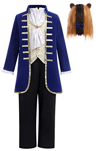 IMEKIS Disfraz de Bestia para Niño Príncipe Halloween Disfraces Chaqueta de Esmoquin con Pantalones Pieza para el Cuello Tocado Traje de Lujo para Cumpleaños Carnaval Azul marino 10-12 años