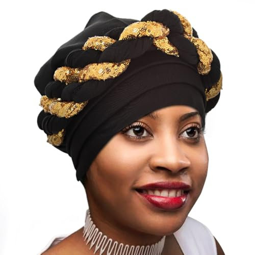 Woeoe Damen Afrikanischer Kopfwickel Schwarz Zopf Turban Pailletten Vorgebunden Kopftuch Beanie Mütze Kopfbedeckung, Schwarz, Einheitsgröße