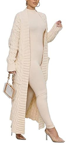 Long Sweaters for Women Cardigan Open Front Long Sleeve Plus Size Chunky Cable Knit Duster Cardigans with Pockets Winter Coat, Beige, L