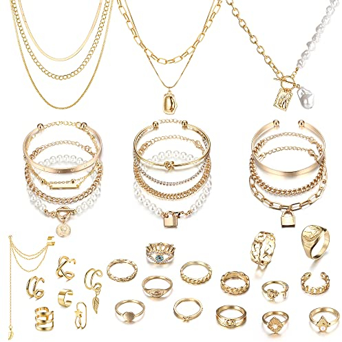 LOLIAS 35 Stück Gold/Silber Schmuckset Mit 3 Stück Anhänger Halskette 11 Stück Geschichtetes Armband 7 Stück Ohrmanschetten Ohrring 14 Stück Knöchelringe Für Damen Mädchen Modeschmuck