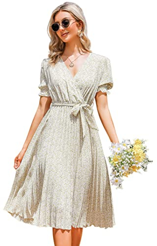 KOJOOIN Damen Sommerkleid V Ausschnitt Tunika Midikleid Plissiert Wickelkleid Kurzärm Casual Kleid A-Linie Freizeitkleid mit Gürtel, Gelbe Blume, S
