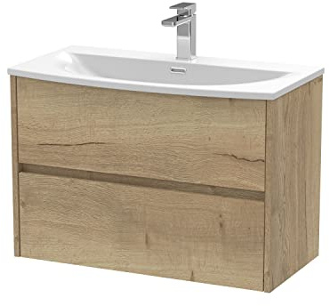 Hudson Reed HAV806G Havana Modern Bathroom Wall Hung 2 Drawer Vanity Basin Unit & Curved Ceramic Basin, 800mm, Woodgrain Autumn Oak