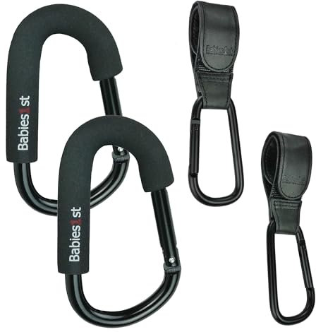 Babies1st Spar Set: Große Karabiner 14 cm (2-er Set) Black Edition und Kinderwagen Haken Kunstleder Schwarz 2-er Set
